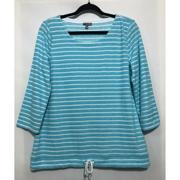 T by Talbots Womens Medium Aqua Blue White Striped Terry Cloth Top Beach - Picture 1 of 7